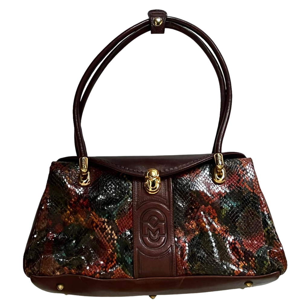 Marino Orlandi Jewel Tone Python and Leather Satchel Duffle Bag Snake Italy